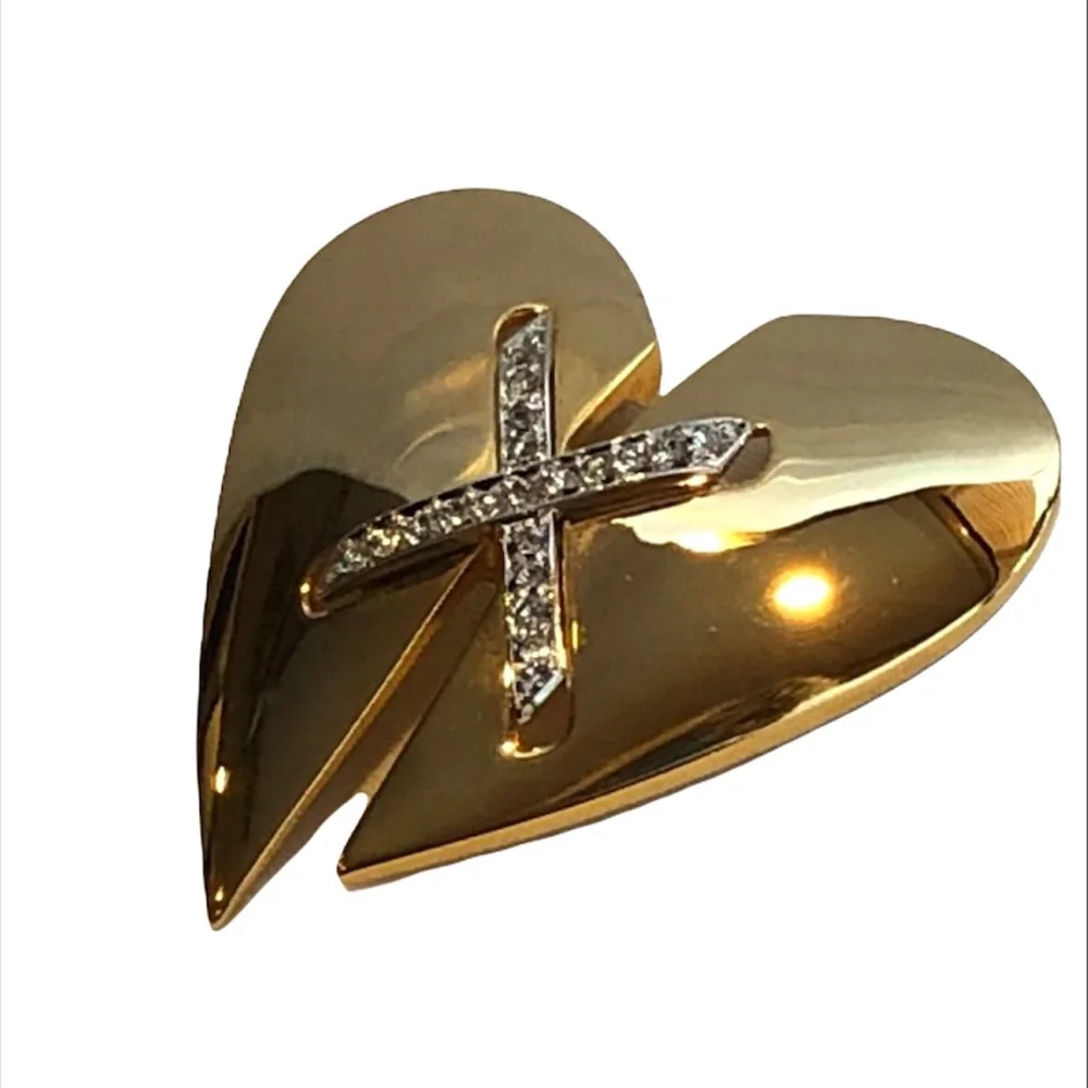 KEYES MENDED BROKEN HEART SHINY GOLD TONE BROOCH
